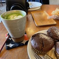Soy matcha (honey switched for sugar) & banana choc muffins at Vermillion - cafe. in Kyoto