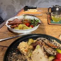 Non-vegan and vegan main dishess  at Vermillion - cafe. in Kyoto