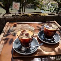 Coffee on the patio at Vermillion - cafe. in Kyoto