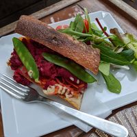 Beet baguette sandwich w vegan Mayo at Vermillion - cafe. in Kyoto