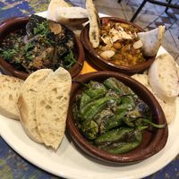 3 tapas: curry, padrons, mushrooms   at The Square Orange in Keswick