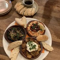 Truffle mushroom, patatas bravas and hummus with bread and balsamic side  at The Square Orange in Keswick