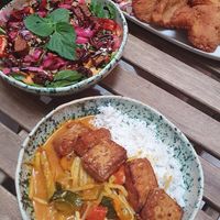 Tempeh salad, curry and fried at no bones in Krakow