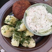 Polish minced soya ball with cucumber salad and potatoes. So tasty!  at no bones in Krakow
