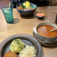 Vegan cotlett, bowl and tomato soup  at no bones in Krakow