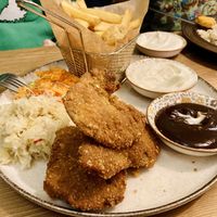 Oyster mushroom schnitzel with chips  at no bones in Krakow