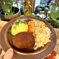 Traditional Polish dish with pure, pickled salads and delicious vegan meat   at no bones in Krakow