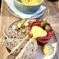 Vegan steak tartare and soup of the day   at no bones in Krakow