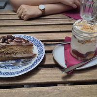 Chocolate-coffee sponge cake & "jar dessert" (cookies, fruit, chocolate, whipped cream) at no bones in Krakow