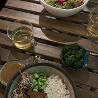 Tempeh bowl, Korean buldogi and tea  at no bones in Krakow