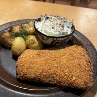 Vegan pork cutlet with potato and cucumber salad was delish   at no bones in Krakow