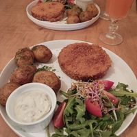 Potato with no-fish cutlet and salad at no bones in Krakow