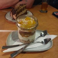 Peach and cream cup pudding at no bones in Krakow