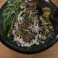 Asian noodles with spicy veg and non-meaty chunks  at no bones in Krakow