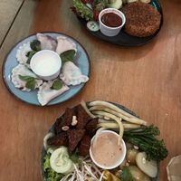 No fish fish. Blueberry pierogi, and the Indonesian dish   at no bones in Krakow