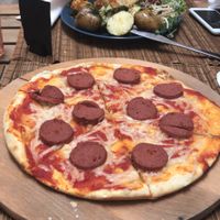 Vegan pizza with salami  at no bones in Krakow