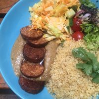 Tempeh teriyaki with rice, veggies and satay sauce  at no bones in Krakow