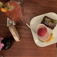 Warm nut brownie with sour cherry sorbet  at Kartoffelhaus in Freiburg