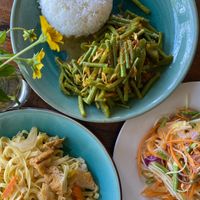Cha kadao, papaya salad and noodles with tofu   at Robinson Bungalows in Sihanoukville