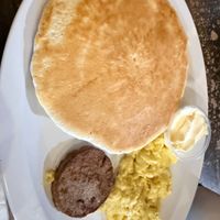 pancakes with vegan eggs and meat on the side  at Cafe Soleil in El Sobrante