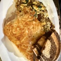 vegan scrambled eggs, hashbown, and buttered rye at Cafe Soleil in El Sobrante