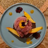 Chocolate coconut and salt flake tart with sorbet  at Es Taller in Valldemossa