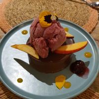 Chocolate tart with a berry sorbet  at Es Taller in Valldemossa