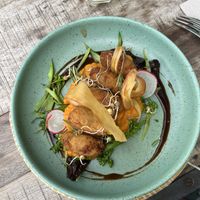 Fried eggplant (bimis?) with sweet potato/pumpkin purée  at Es Taller in Valldemossa