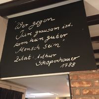 Sign on wall: "Whoever is cruel to animals, cannot be a good person--Arthur Schopenhauer, 1788" at Kuli Alma in Frankfurt