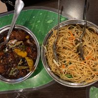 Veg noodles + black bean vegetables! Yum. at Sagar Ratna in Mangaluru