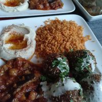 Falafel plate with humus, grained wheat and moussaka instead of taboulé at Le Sultan in Strasbourg