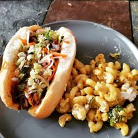 Banh mi with jalapeño popper mac and cheese  at Roughage Eatery in Winnipeg