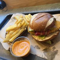 Bavarian burger, chips, hot sauce  at Swing Kitchen - Schwedenplatz in Vienna