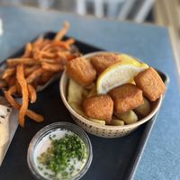 Fish & chips and sweet potato fries   at Swing Kitchen - Schwedenplatz in Vienna