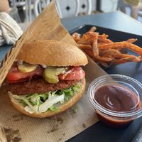 Bacon burger and sweet potato fries   at Swing Kitchen - Schwedenplatz in Vienna