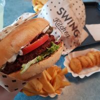 Chilli burger, with nuggets and fries. at Swing Kitchen - Schwedenplatz in Vienna
