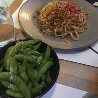 Yaki soba (can get without eggs) and edamame beans at Wagamama in Paris