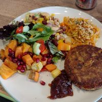Platter: mushroom and lentil potato cake, lots of salads at Dragonfly Bistro in Aberystwyth