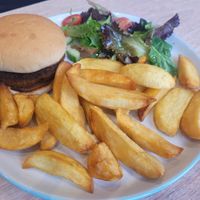 Bistro Burger, Chips and Salad at Dragonfly Bistro in Aberystwyth