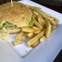 Falafel burger with fries   at Quero Arepa in Cartagena