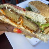 Inside falafel burger. I added hot sauce   at Quero Arepa in Cartagena