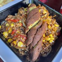 Thai Stir Fried Rice with veggies and falafel. Delicious !  at Quero Arepa in Cartagena