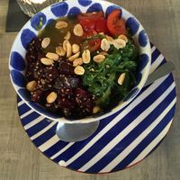 Standard bowl w/ Chickpea Curry, quinoa, mango chutney, extra topping of beetroot and greens   at Bikini Mitte in Munich