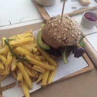 Black beans burger w/ avocado and home made french fries at Barraca Café in Lourinha