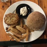 Vegan chef burger with a hash brown extra. (Could really do with a salad ) at Secret Garden in Cat Ba