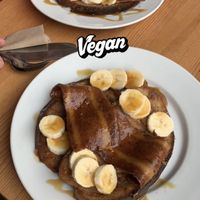 Vegan French toast & bacon w banana & maple syrup  at Chapter One Coffee Shop in Edinburgh
