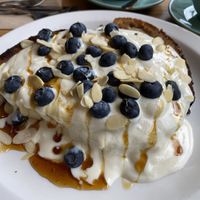 French toast with yoghurt, maple syrup, blueberries and almonds - big portion !  at Chapter One Coffee Shop in Edinburgh