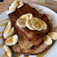 French toast, bacon, banana and maple syrup  at Chapter One Coffee Shop in Edinburgh