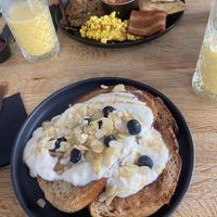 Full vegan breakfast & French toast with blueberries and vegan yoghurt   at Chapter One Coffee Shop in Edinburgh