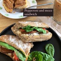 Pepperoni and mozzarella sandwich, toasted  at Chapter One Coffee Shop in Edinburgh